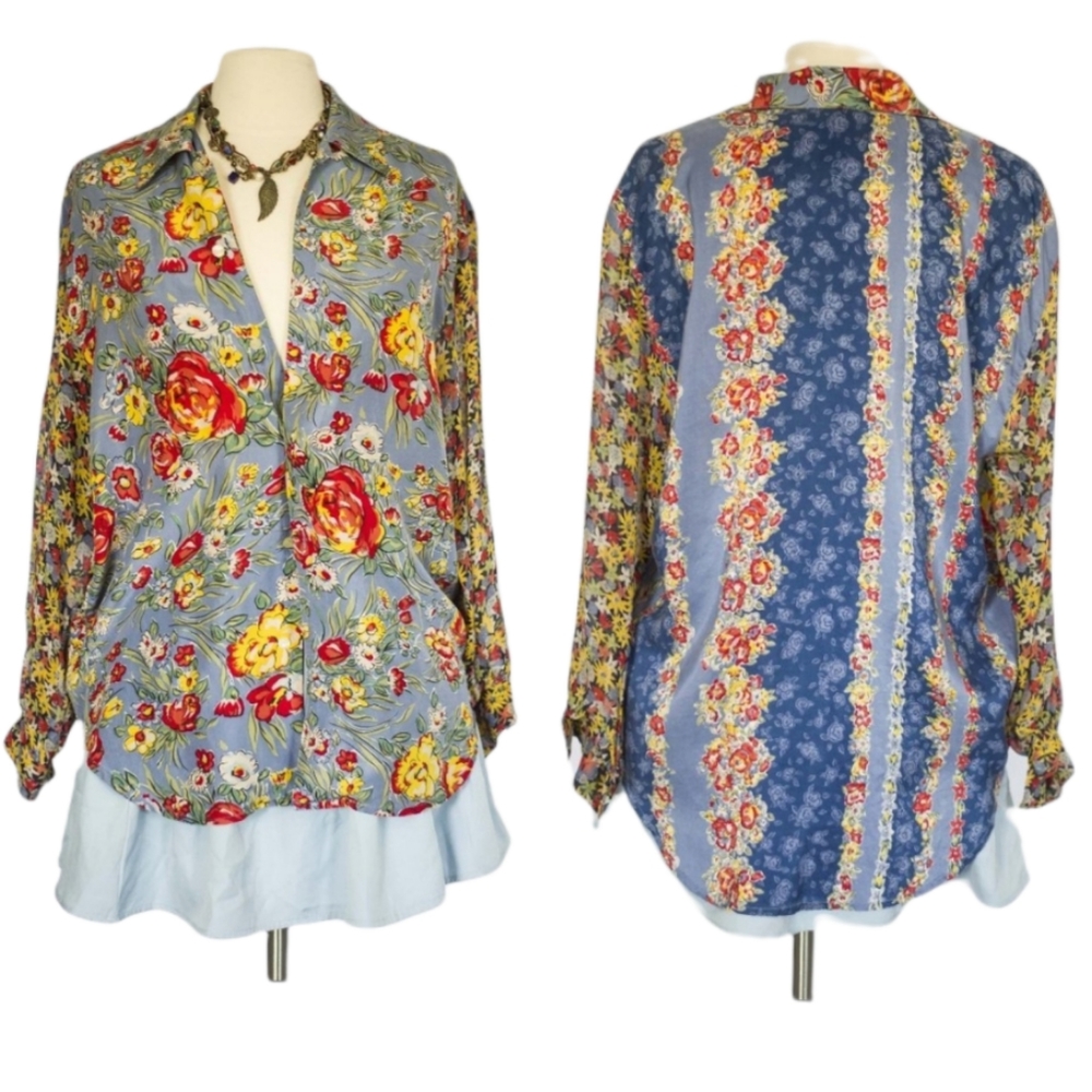 LizWear 100 % Silk Blue Floral Button Up Shirt Sz M